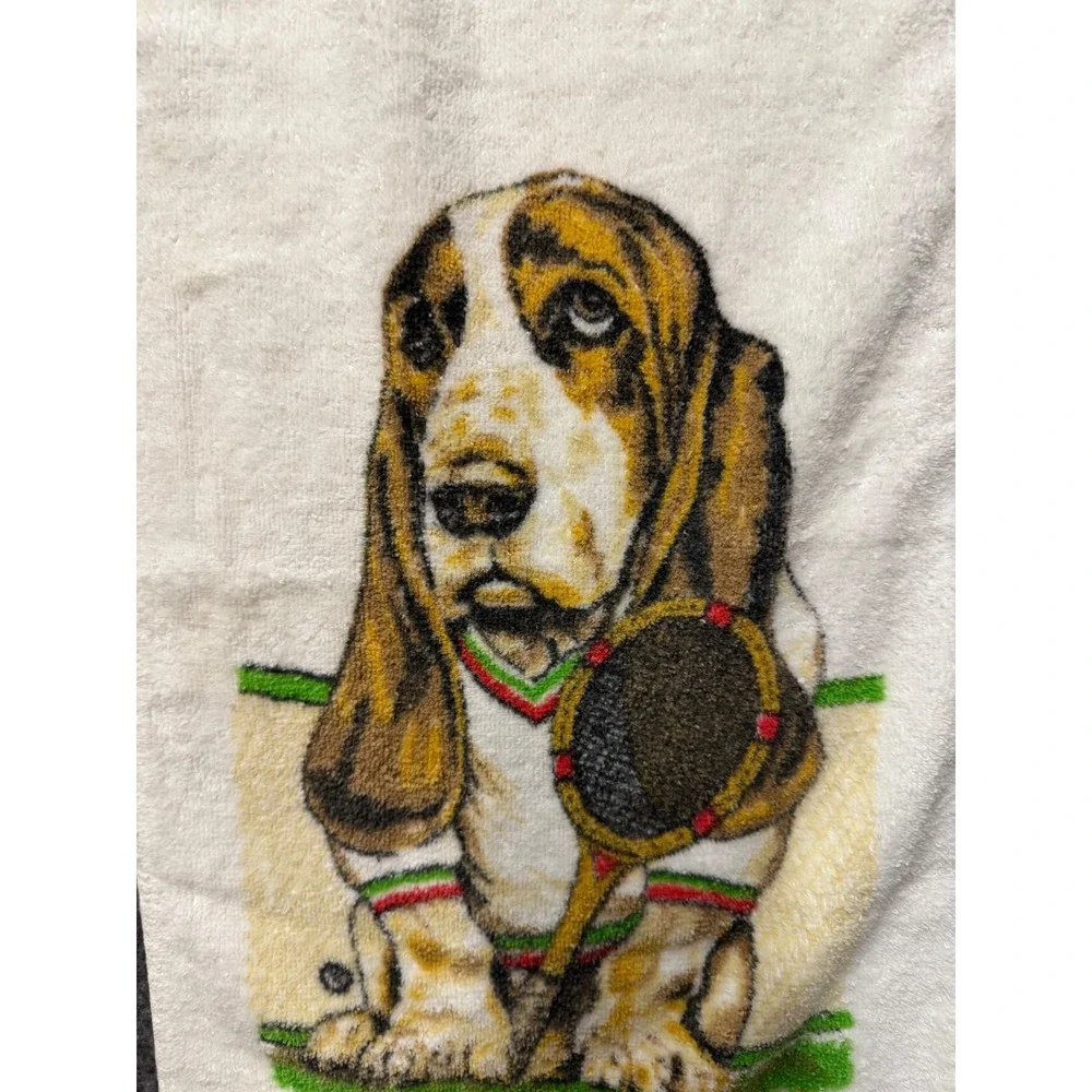 Vintage Cannon Hush Puppies Basset Hound Tennis hand Towel White Cotton 80s